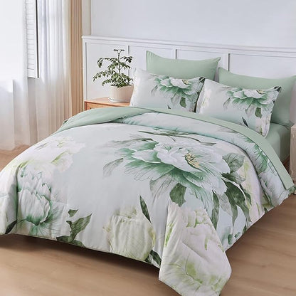 Dobuyly Floral Comforter Set Queen 7 Piece Bed in a Bag, Sage Green Reversible Comforter Set with Sheets, Soft Microfiber Botanical Flowers Summer Bedding Set for All Season