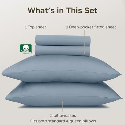 California Design Den 100% Egyptian Cotton Sheets Set - Sateen Queen Sheets Set, Certified Authentic Luxury, Deep Pockets, Soft and Durable Luxury Bedding - Blue Hydrangea