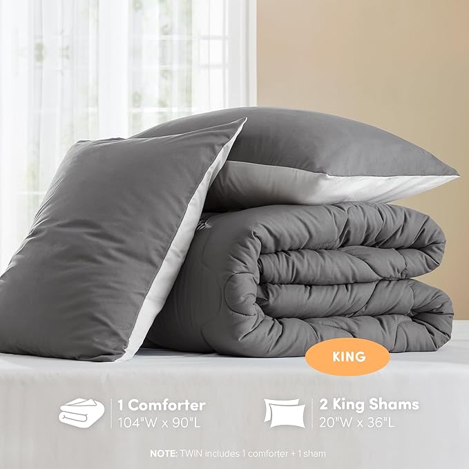Comfort Spaces Comforter Set Vibrant Reversible Comforters King Size Quilted Bedding Set, All Season Lightweight Bedding, Soft Microfiber Comforter, Vixie, Grey/Light Grey King 3 Piece