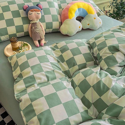 KAREVER Green White Grid Comforter Set Twin Sage Green Plaid Bedding Set Girls Light Green White Checkered Bed Set Breathable Blanket Set Kids Durable Bedding Comforter Set