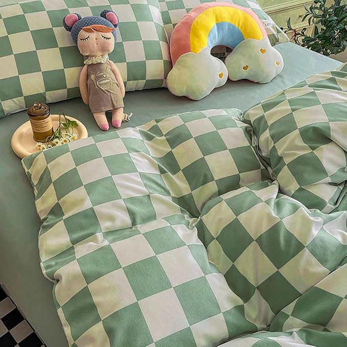 KAREVER Green White Grid Comforter Set Cal King Sage Green Plaid Bedding Set Women Light Green White Checkered Bed Set Breathable Blanket Set Men Durable Bedding Comforter Set