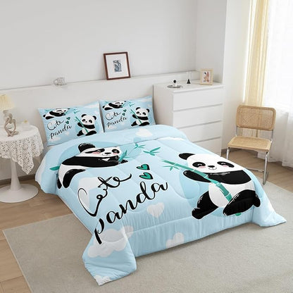 Feelyou Cute Panda Bedding Set Cartoon Panda Comforter Set for Kids Boys Girls Animal Theme Comforter Kawaii Animal Quilt Set Blue 1 Comforter Set with 1 Pillowcase Twin Size