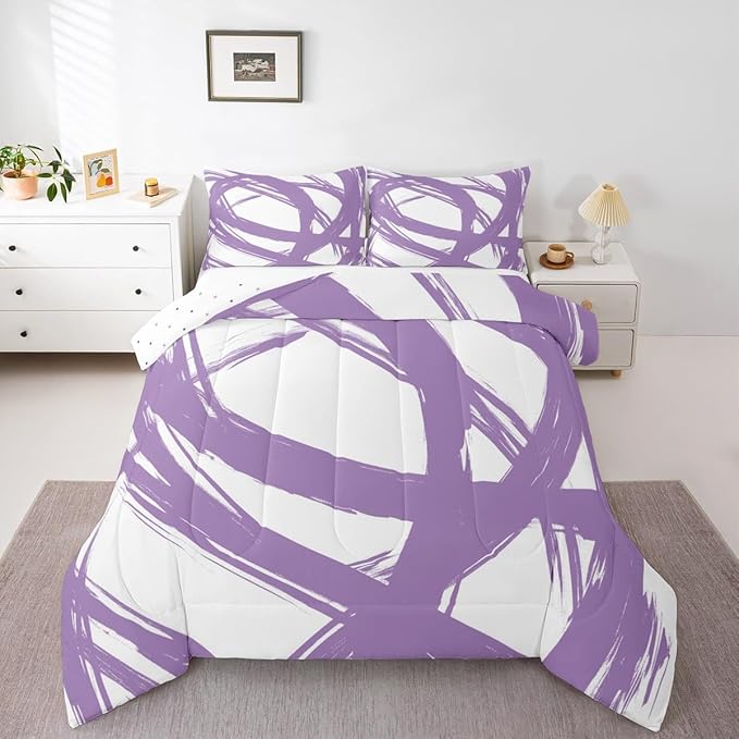 Erosebridal Purple and White Abstarct Queen Comforter Set for Adult Women Men, Geometric Striped Bedding Set for Minimalists,Graffiti Aesthetic Lines Quilt,Contemporary Boho Modern Art Duvet Insert