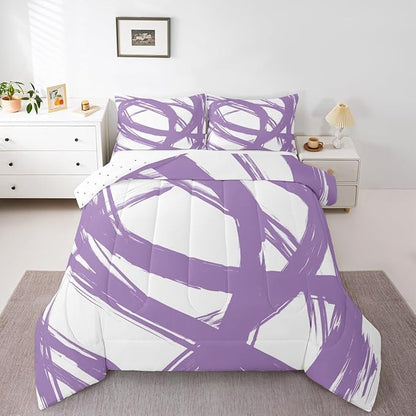 Erosebridal Purple and White Abstarct Toddler Bedding Set,Aesthetic Geometric Comforter Set for Minimalists,Graffiti Stripes Lines Quilt,Contemporary Boho Modern Art Duvet Insert for Minimalism