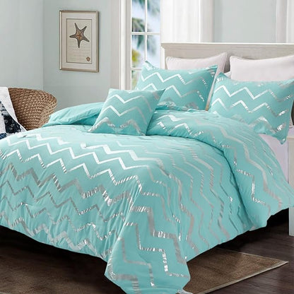 Menghomeus Aqua Comforter Set Twin Size Metallic Teal and Silver Bed Comforter 3 Piece Soft Microfiber Bedding for Teen Girls Boys (1 Pillow Case + 1 Decorative Pillow Sham)