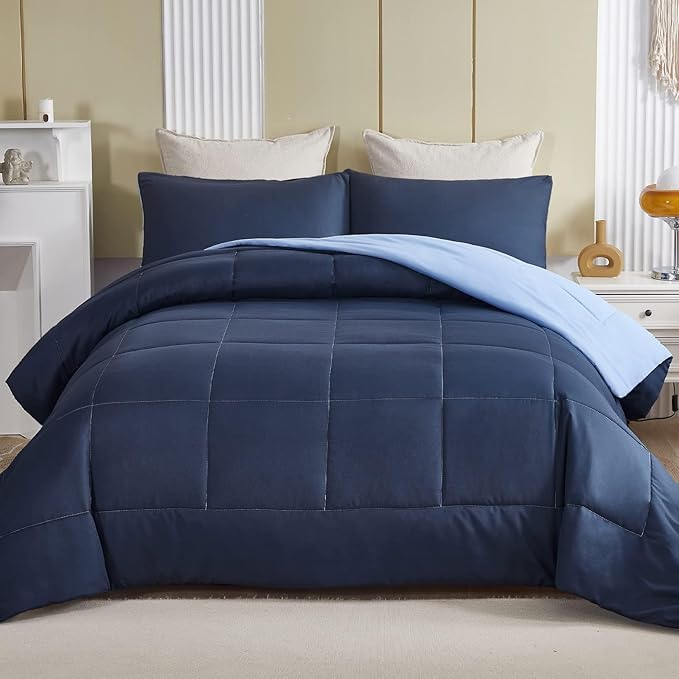 Exclusivo Mezcla Lightweight Reversible King Size Comforter Set, Down Alternative Comforter with 2 Pillow Sham, King Size Bedding Set for All Seasons, Navy/Blue