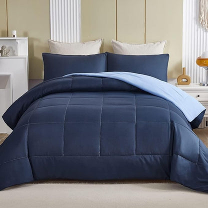 Exclusivo Mezcla Lightweight Reversible King Size Comforter Set, Down Alternative Comforter with 2 Pillow Sham, King Size Bedding Set for All Seasons, Navy/Blue