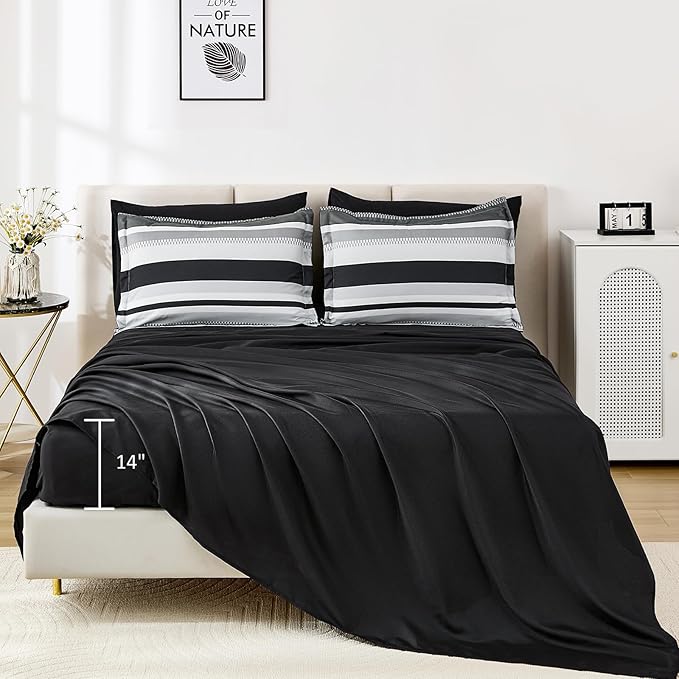 WONGS BEDDING Queen Size Comforter 7 Pieces, Black Queen Comforter Set with Sheets, Boho Striped Bed in a Bag Soft Micorfiber Bedding Set for All Seaon (90"×90")
