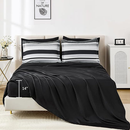 WONGS BEDDING King Size Comforter 7 Pieces, Black King Comforter Set with Sheets,Striped Bed in a Bag Boho Lightweight Bedding Set for All Seaon (104"×90")
