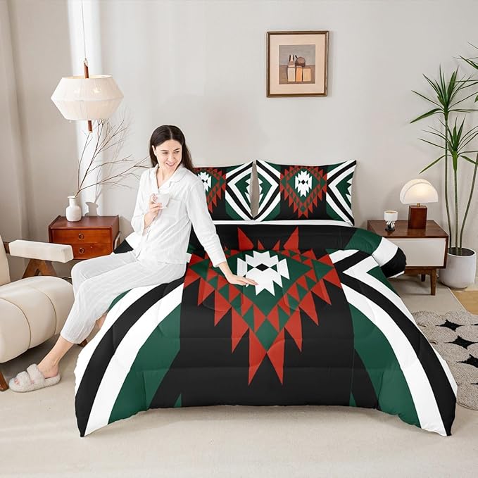 Feelyou Southwestern Aztec Tribal Comforter Set Red Green Boho Western Queen Size Bedding Set for Kids Boys Girls Vintage Geometric Duvet Quilt