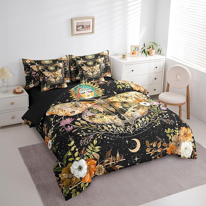 Feelyou Death Moth Print Bedding Set with Comforter, Boho Moth Comforter King Size 7Pcs Halloween Decorations Bed in a Bag with Comforter, Sun Moon Bohemian Flat Sheet, Fitted Sheet, Pillowcases