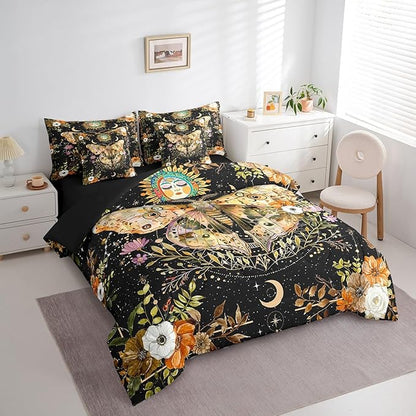 Feelyou Death Moth Print Bedding Set with Comforter, Boho Moth Comforter Queen Size 7Pcs Halloween Decorations Bed in a Bag with Comforter, Sun Moon Bohemian Flat Sheet, Fitted Sheet, Pillowcases