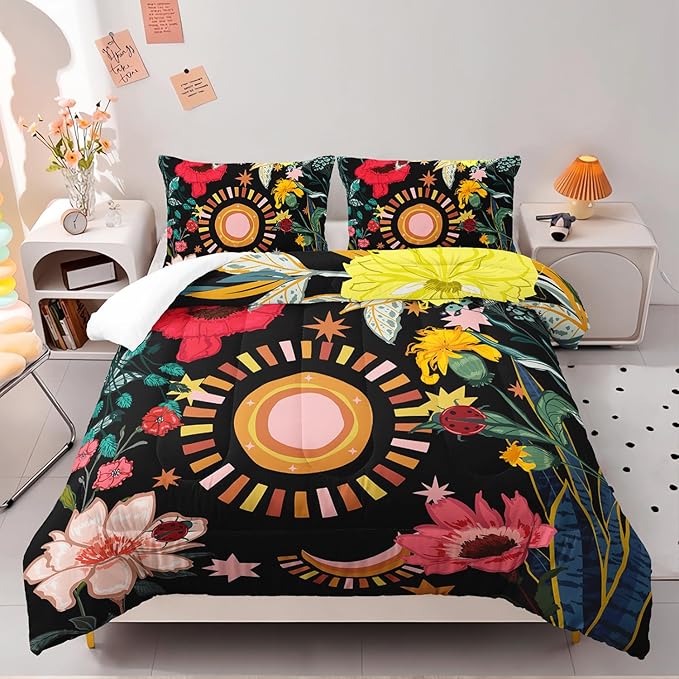3 Pieces Black Boho Floral Comforter Set,Paisley Bedding Set Full Size,Colorful Flower Leaves Printed on Black Design,All Season Lightweight Soft Microfiber Bedding with 2 Pillow Shams