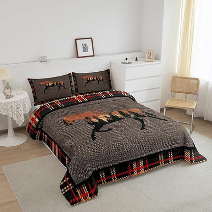 Erosebridal Horse Comforter Set,Rustic Western Cowboy Bedding Set for Teens Kids Adult,Farmhouse Nature Wildlife Bedding Western Room Decor,Plaid Down Comforter,Orange Grey Duvet Set,King