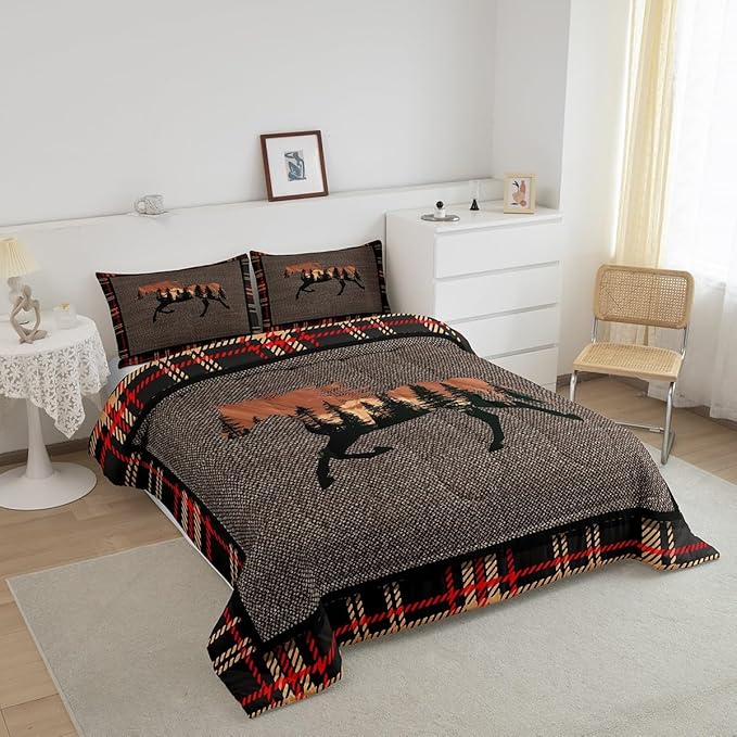 Erosebridal Horse Comforter Set,Rustic Western Cowboy Bedding Set for Teens Kids Adult,Farmhouse Nature Wildlife Bedding Western Room Decor,Plaid Down Comforter,Orange Grey Duvet Set,Queen