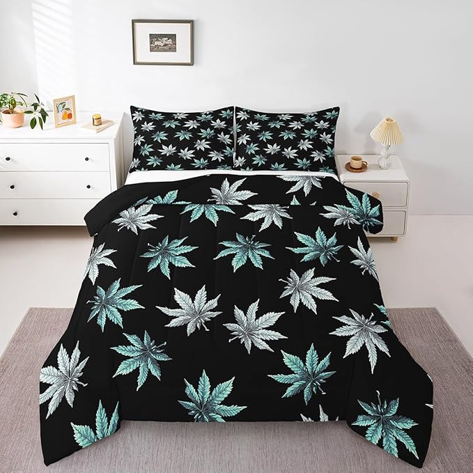Erosebridal Turquoise Leaves Comforter Set Full, Leaves Bedding for Kids Boys Girls,Tropical Botanical Down Comforter,Exotic Plant Bedding Comforter Sets
