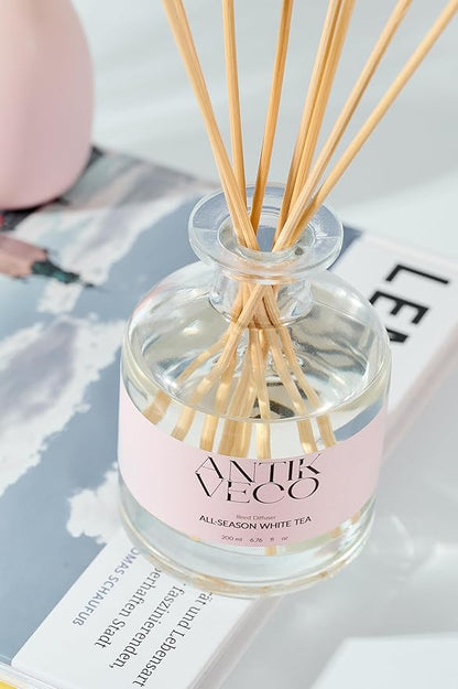 All-Season White Tea Diffuser – Home Fragrance with 8 Rattan Sticks – Long Lasting, Fresh White Tea & Citrus Scent – Non-Toxic, Premium Reed Diffuser for Home or Office – 90 Days