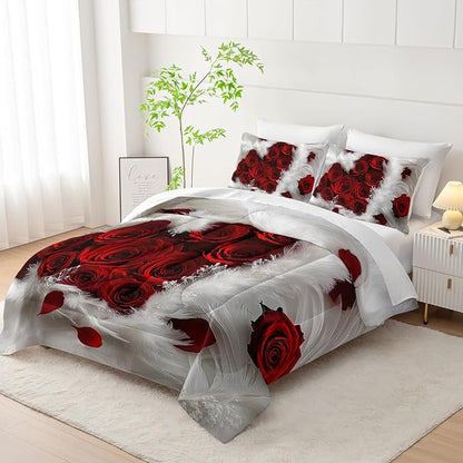 7 Piece Rose White and Red Comforter Set King Size Bed，Romantic Valentine’S Day Valentines Day Bedding King Floral，(1 Comforter, 1 Flat Sheet, 1 Fitted Sheet, 2 Pillowcase and 2 Pillow Sham)