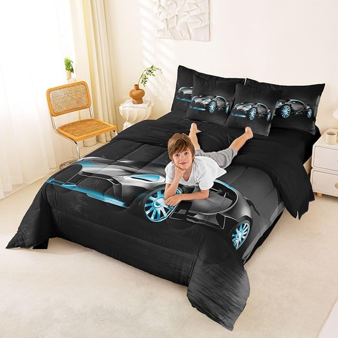 Sports Car 7 Piece Bedding Set Stylish Black Race Car Comforter Set with Sheets for Kids Boys Girls Extreme Sports Theme Bed in a Bag Cool Speed Luxury Car Decor Bed Set with 2 Pillowcases King