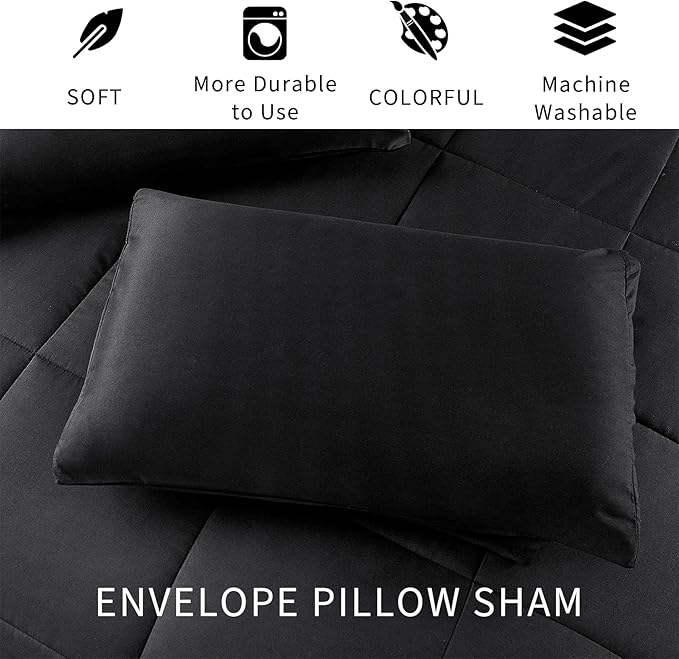 Exclusivo Mezcla Lightweight Reversible Full Queen Size Comforter Set, Down Alternative Comforter with 2 Pillow Sham, Full Queen Size Bedding Set for All Seasons, Black