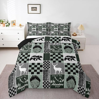 Rustic Cabin Lodge Bedding Queen Size, Bear Deer Wildlife Comforter Set For Kids Teens Adult, Country Forest Hunting Wild Animal Duvet Insert Retro Plaid Patchwork Down Comforter Farmhouse Decoration