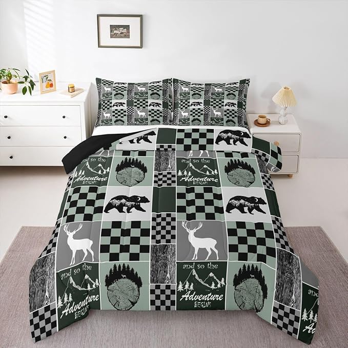 Rustic Cabin Lodge Bedding Full Size, Bear Deer Wildlife Comforter Set For Kids Teens Adult, Country Forest Hunting Wild Animal Duvet Insert Retro Plaid Patchwork Down Comforter Farmhouse Decoration