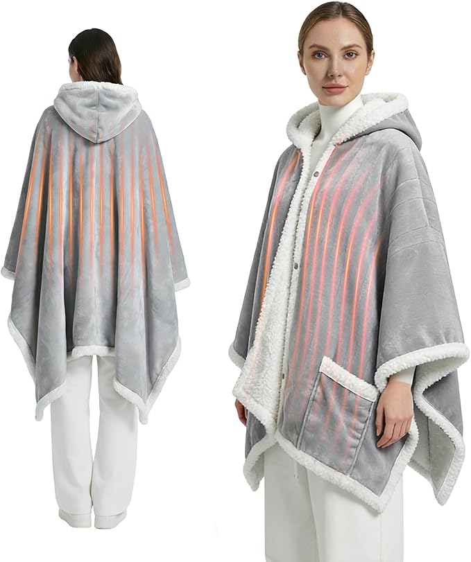 Myiosus Heated Blanket Wearable Shawl, Electric Wrap Poncho Blanket Hoodie with Pockets, Velvet & Sherpa Heating Throw with 6 Heating Levels & 4 Time Settings,Birthday Gifts for Mom, 50 x 64 Inch,Grey