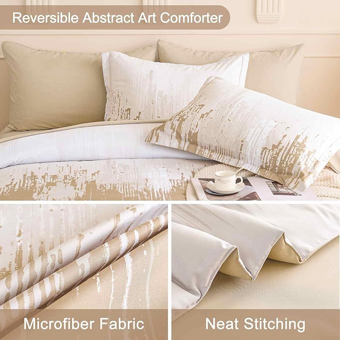 WONGS BEDDING Comforter Set Queen, Ombre Beige 7 Pieces Bed in a Bag Colorful Abstract Art Gradient Comforter Soft Microfiber Bedding Set with Flat Sheet, Fitted Sheet, Pillow Shams, Pillowcases