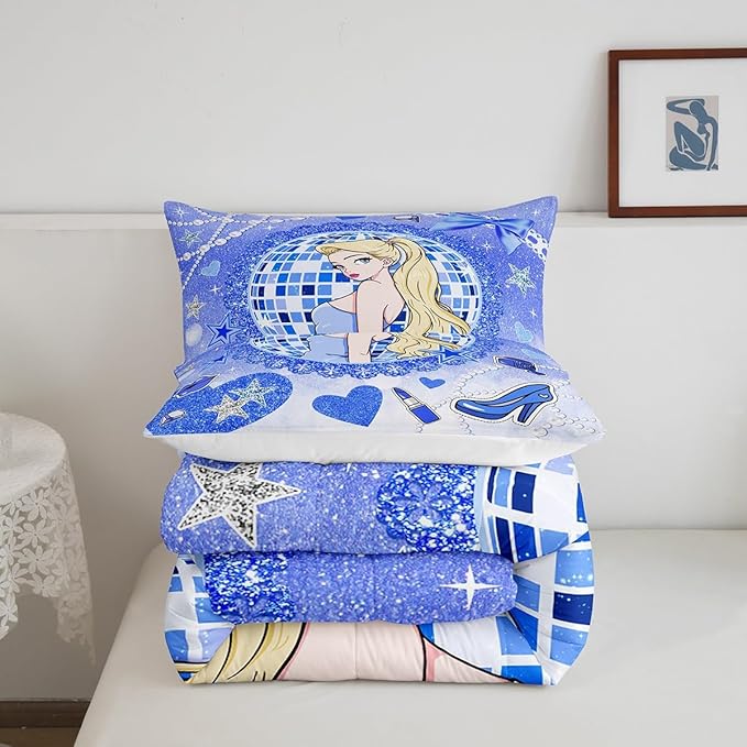 Princess Girly Kids Comforter Set Full Size,Bowknot High-heeled Shoes Lip Dreamy Bedding Set,Girls Women Room Decor,Glitter Sequin Star Diamond Down Comforter,Blue Noble Duvet Insert,2 Pillowcases