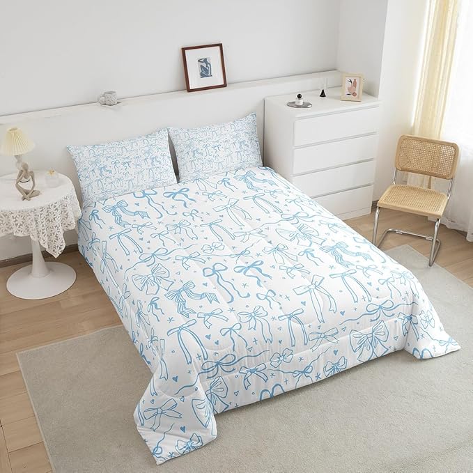 Cute Blue Bowknot Comforter Set King Size,Cartoon Hand Drawn Stars Love Bow Bedding Set,Kids Girls Sweet Princess Style Quilt Set for Teens Woman Room Decor,Modern Romantic Duvet Insert 3Pcs