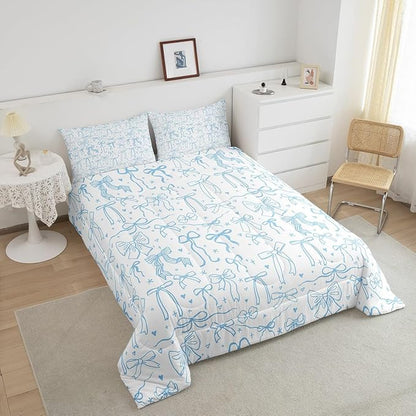 Cute Blue Bowknot Comforter Set King Size,Cartoon Hand Drawn Stars Love Bow Bedding Set,Kids Girls Sweet Princess Style Quilt Set for Teens Woman Room Decor,Modern Romantic Duvet Insert 3Pcs