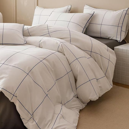 Cottonight White Blue Grid Comforter Set Queen Plaid Bedding Comforter Set Women Men Queen Size Checkered Blanket Quilts 3 Piece Soft Modern Breathable Bedding Set Queen Bed