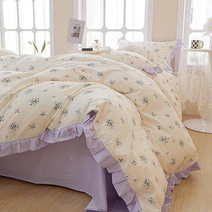 HighBuy Lavender Floral Comforter Set Full Princess Girl Ruffle Bedding Comforter Sets Farmhouse Coquette Cottagecore Bedding Set 1 Flower Comforter with 2 Pillowcases for All Seasons
