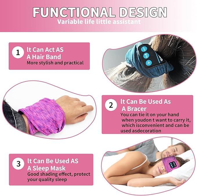 Bluetooth Headphones, Sleep Headphones Headband Wireless for Sleeping Side Sleepers - Adjustable Sleep Headphone, and Bluetooth Headbands for Women (Pink)