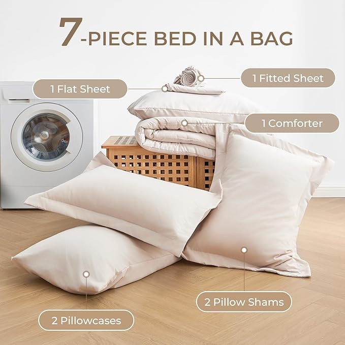 Sasttie Oversized King Comforter Set, 7 Pieces Extra Large Bed in a Bag, Complete Bedding Set Includes 120''x98'' Comforter, Flat Sheet, Fitted Sheet, Pillowcases and Pillow Shams, Beige