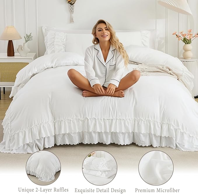 Herside White Ruffle Comforter Set King Size,Shabby Chic Bedding Set Soft Fluffy Boho Comforter Set for All Season,Vintage Bedding Ruffled 3 Pcs Microfiber Lightweight Quilt Set for Women Girls