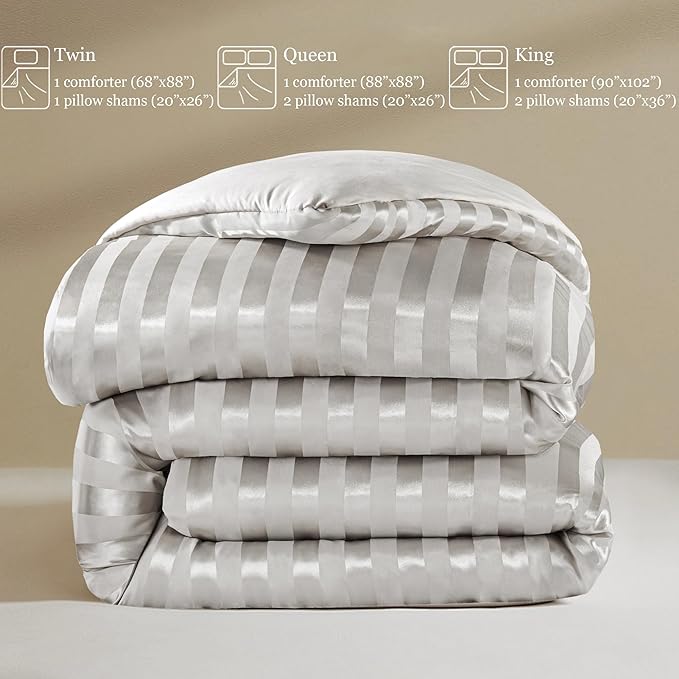 Whale Flotilla 3-Piece Reversible Silky Soft Queen Comforter Set, Luxury Stripe Satin Comforters Full Size Bedding Set with 2 Satin Pillowcases, Lightweight Duvet for All Seasons, Grey