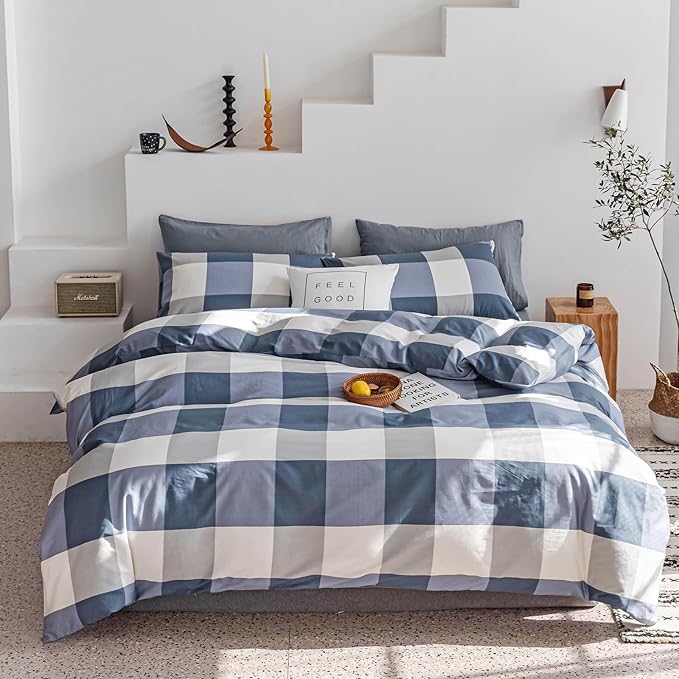 mixinni Twin XL Comforter Set Soft Fluffy Modern Style Checkered Pattern Comforter for Boys Mens, 1 Blue White Grey Geometric Comforter and 2 Pillowcases, All Seasons-Twin XL Size