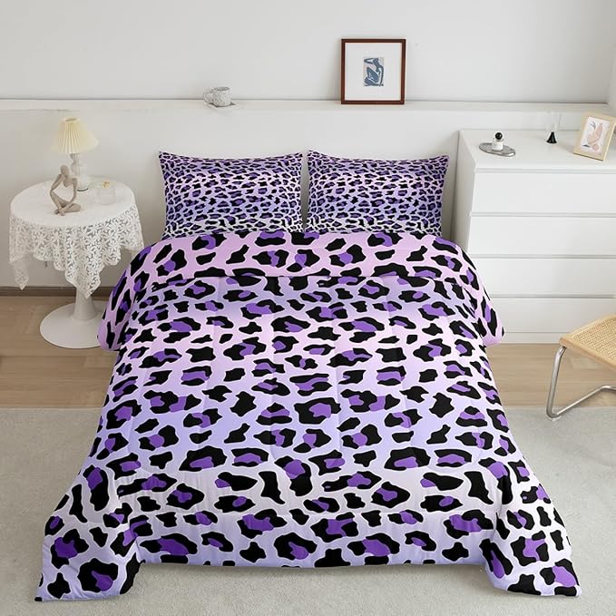 Feelyou Purple Leopard Bedding Set Cheetah Comforter Set for Kids Boys Girls Teens Room Decor Animal Print Comforter Toddler Size Safari Duvet Set 2Pcs
