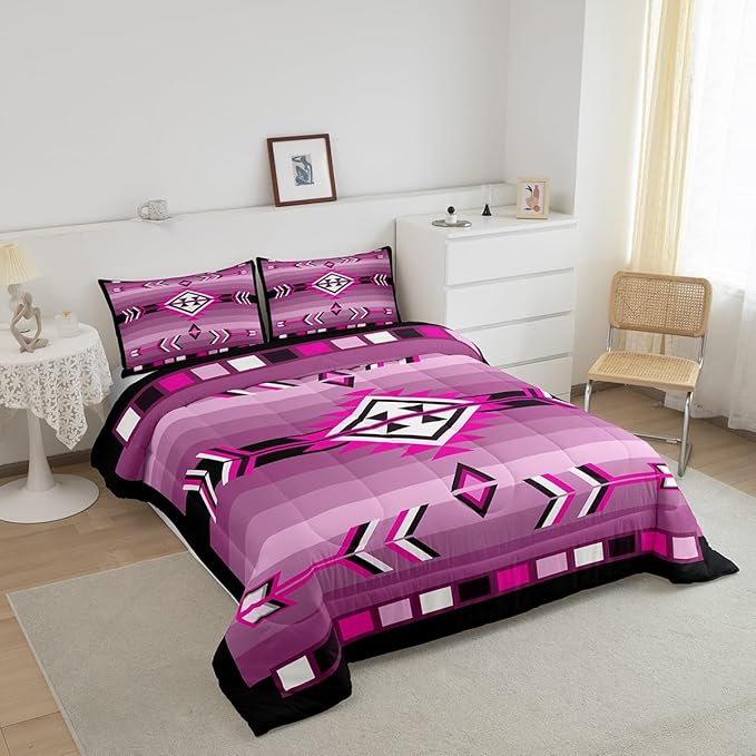 Erosebridal Western Aztec Quilt Set Pink Black Boho Comforter Set Toddler for Kids Girls Adults Women,American Native Southwestern Bedding Sets Ethnic Exotic Tribal Geometric Bed Set 2 Pcs