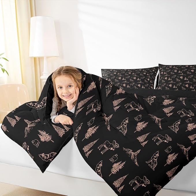 Erosebridal Woodland Animals Comforter Set Queen Size Bear Deer Wolf Hunting Theme Bedding Set for Kids Child | Rustic Cabin Lodge Decor Duvet Insert Farmhouse Wildlife Mountain Black Brown Quilt