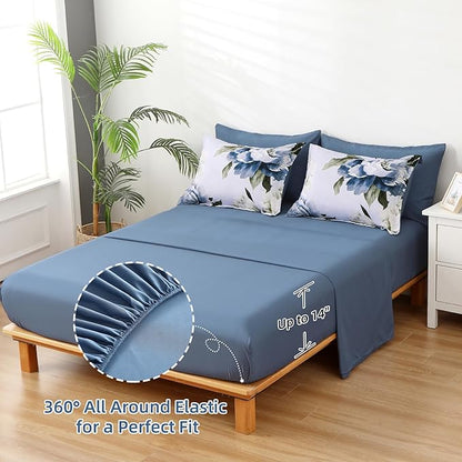 Dobuyly Blue Full Size Comforter Set 7 Piece Bed in a Bag, Blue Floral Print on Light Blue Comforter Set with Sheets, Soft Microfiber Complete Bedding Set for All Season