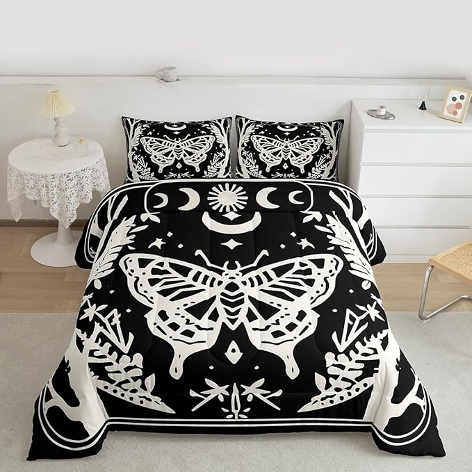 Erosebridal Boys Goth Moth Comforter Set King, Halloween Horror Bedding Set Gothic Butterfly Comforter for Kids Teens Women Men Gothic Home Decor, Sun and Moon Retro Terror Theme Black Quilt