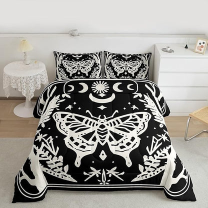 Erosebridal Boys Goth Moth Comforter Set King, Halloween Horror Bedding Set Gothic Butterfly Comforter for Kids Teens Women Men Gothic Home Decor, Sun and Moon Retro Terror Theme Black Quilt