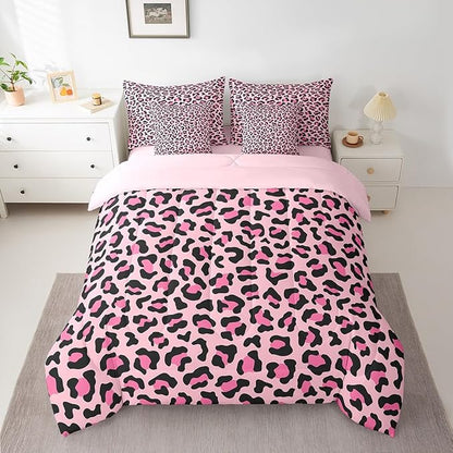 Pink Leopard Print Bedding Set 7 Pieces King,Wild Animal Skin Luxury Comforter Sets for Girl Boy Bedroom,African Cheetah Wildlife Fur 7pcs Bed in a Bag with Comforter,Sheets and Pillow Cases