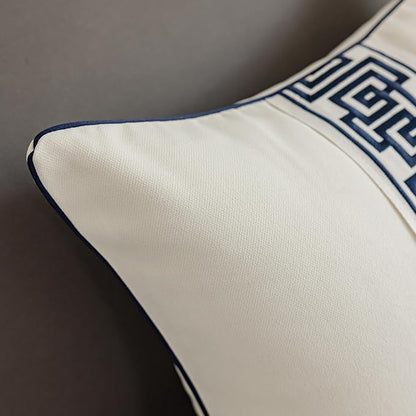 Throw Pillow Covers with Insert Included, with Embroidered Detail, 18 x 18 inches, Decorative Throw Pillow for Sofa Couch Bed (Cream (Navy Trim), 18" L x 18" W)