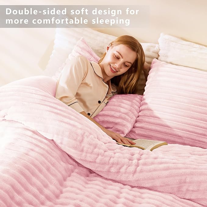CozyLux Fluffy Full Size Comforter Sets - Super Soft Faux Fur Pink Comforter Full Size, Winter Warm Fleece Bedding Set, 3 Pieces Plush Fuzzy Bed Set (1 Shaggy Comforter, 2 Pillowcases)