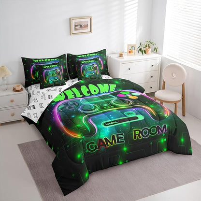 jejeloiu Cool Gamer 7 Piece Bedding Set King Size for Boys 3D Gaming Comforter Set with Sheets Kids Teens Bright Green Bed in a Bag Modern Game Console Bed Set
