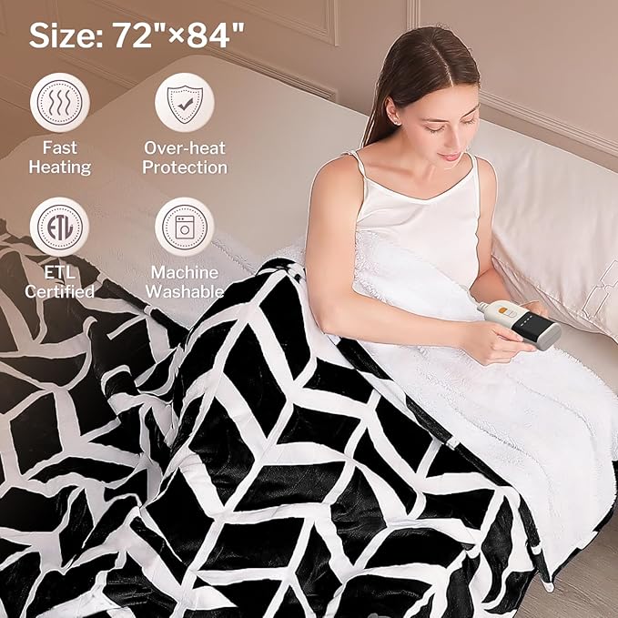 VENTIMI Electric Blanket Heated Throw, 72" x 84" Heated Blanket with 9 Heat Levels & 2 to 10 Hours Auto Off, Fast Heating Blankets with ETL & FCC Certification, Black