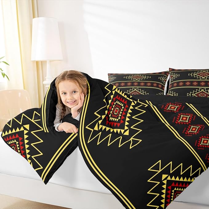 Western Aztec Toddler Size Comforter Set, Native American Navajo Bedding Set for Boys Adult Teens, Southwestern Geometric Quilt Ethnic American Native Duvet Insert Rustic Farmhouse Decor,Black Yellow
